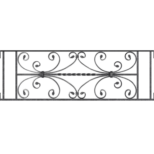 Appui de fenêtre type AF003 à visser dans votre tableau de fenêtre. Longueur finie de 980mm et Hauteur finie de 320mm. Convient pour les tableaux de fenêtre de 980mm. Main courante laminée de 980mm de long en fer forgé sur le dessus. Motif au centre de 760mm de long par 300mm de haut. Le reste de la structure est en acier carré plein de 12mm de section.