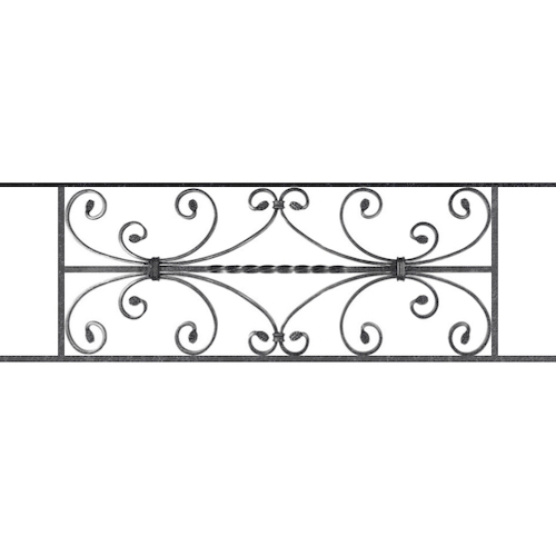 Appui de fenêtre type AF003 à sceller dans votre tableau de fenêtre. Longueur finie de 990mm et Hauteur finie de 320mm. Convient pour les tableaux de fenêtre de 890mm. 50mm de scellement sont prévue de chaque côté. Main courante laminée de 890mm de long en fer forgé sur le dessus. Motif au centre de 760mm de long par 300mm de haut. Le reste de la structure est en acier carré plein de 12mm de section.
