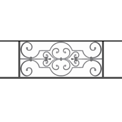 Appui de fenêtre type AF004 à sceller dans votre tableau de fenêtre. Longueur finie de 1000mm et Hauteur finie de 314mm. Convient pour les tableaux de fenêtre de 900mm. 50mm de scellement sont prévue de chaque côté. Main courante laminée de 900mm de long en fer forgé sur le dessus. Motif au centre de 670mm de long par 290mm de haut. Le reste de la structure est en tube acier carré de 16mm de section.