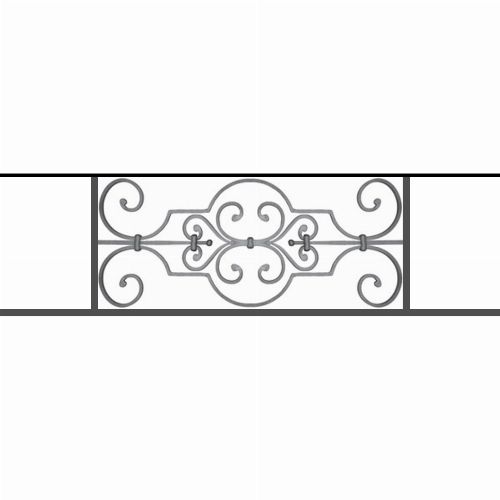 Appui de fenêtre type AF004 à sceller dans votre tableau de fenêtre. Longueur finie de 1100mm et Hauteur finie de 314mm. Convient pour les tableaux de fenêtre de 1000mm. 50mm de scellement sont prévue de chaque côté. Main courante laminée de 1000mm de long en fer forgé sur le dessus. Motif au centre de 670mm de long par 290mm de haut. Le reste de la structure est en tube acier carré de 16mm de section.
