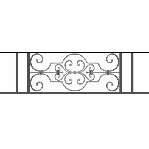 Appui de fenêtre type AF004 à sceller dans votre tableau de fenêtre. Longueur finie de 1110mm et Hauteur finie de 314mm. Convient pour les tableaux de fenêtre de 1010mm. 50mm de scellement sont prévue de chaque côté. Main courante laminée de 1010mm de long en fer forgé sur le dessus. Motif au centre de 670mm de long par 290mm de haut. Le reste de la structure est en tube acier carré de 16mm de section.