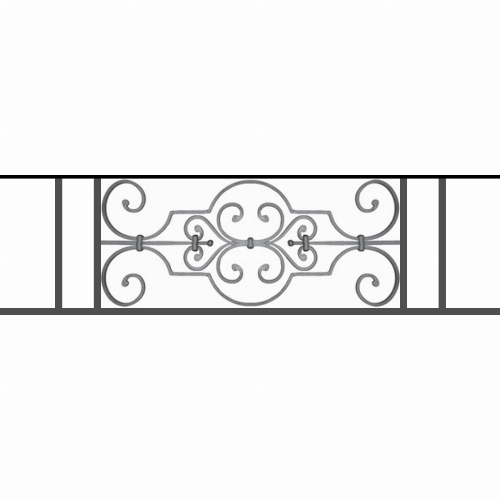 Appui de fenêtre type AF004 à sceller dans votre tableau de fenêtre. Longueur finie de 1120mm et Hauteur finie de 314mm. Convient pour les tableaux de fenêtre de 1020mm. 50mm de scellement sont prévue de chaque côté. Main courante laminée de 1020mm de long en fer forgé sur le dessus. Motif au centre de 670mm de long par 290mm de haut. Le reste de la structure est en tube acier carré de 16mm de section.