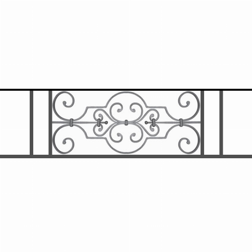 Appui de fenêtre type AF004 à sceller dans votre tableau de fenêtre. Longueur finie de 1140mm et Hauteur finie de 314mm. Convient pour les tableaux de fenêtre de 1040mm. 50mm de scellement sont prévue de chaque côté. Main courante laminée de 1040mm de long en fer forgé sur le dessus. Motif au centre de 670mm de long par 290mm de haut. Le reste de la structure est en tube acier carré de 16mm de section.