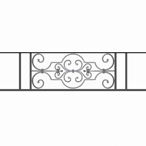 Appui de fenêtre type AF004 à sceller dans votre tableau de fenêtre. Longueur finie de 1180mm et Hauteur finie de 314mm. Convient pour les tableaux de fenêtre de 1080mm. 50mm de scellement sont prévue de chaque côté. Main courante laminée de 1080mm de long en fer forgé sur le dessus. Motif au centre de 670mm de long par 290mm de haut. Le reste de la structure est en tube acier carré de 16mm de section.