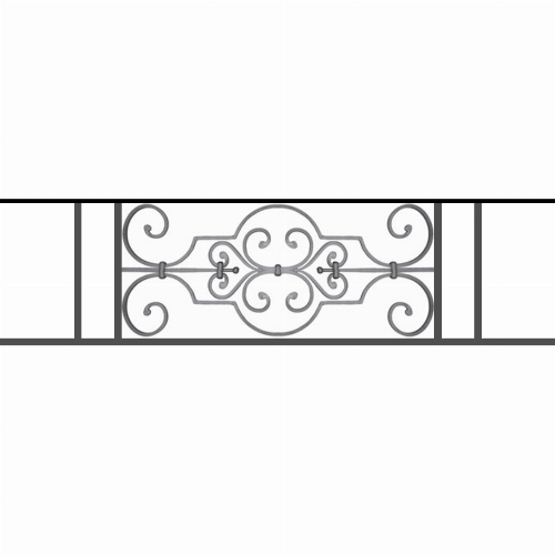 Appui de fenêtre type AF004 à sceller dans votre tableau de fenêtre. Longueur finie de 1190mm et Hauteur finie de 314mm. Convient pour les tableaux de fenêtre de 1090mm. 50mm de scellement sont prévue de chaque côté. Main courante laminée de 1090mm de long en fer forgé sur le dessus. Motif au centre de 670mm de long par 290mm de haut. Le reste de la structure est en tube acier carré de 16mm de section.