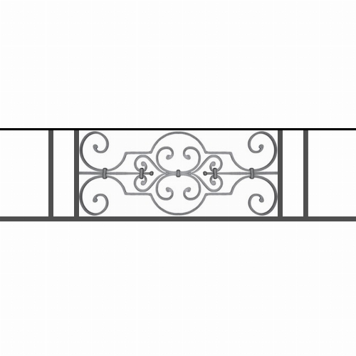 Appui de fenêtre type AF004 à sceller dans votre tableau de fenêtre. Longueur finie de 1200mm et Hauteur finie de 314mm. Convient pour les tableaux de fenêtre de 1100mm. 50mm de scellement sont prévue de chaque côté. Main courante laminée de 1100mm de long en fer forgé sur le dessus. Motif au centre de 670mm de long par 290mm de haut. Le reste de la structure est en tube acier carré de 16mm de section.