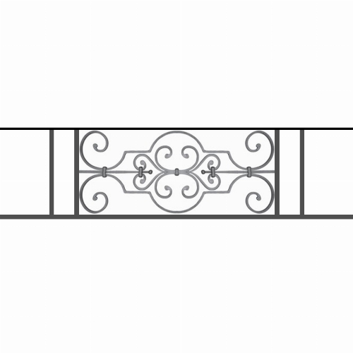 Appui de fenêtre type AF004 à sceller dans votre tableau de fenêtre. Longueur finie de 1210mm et Hauteur finie de 314mm. Convient pour les tableaux de fenêtre de 1110mm. 50mm de scellement sont prévue de chaque côté. Main courante laminée de 1110mm de long en fer forgé sur le dessus. Motif au centre de 670mm de long par 290mm de haut. Le reste de la structure est en tube acier carré de 16mm de section.