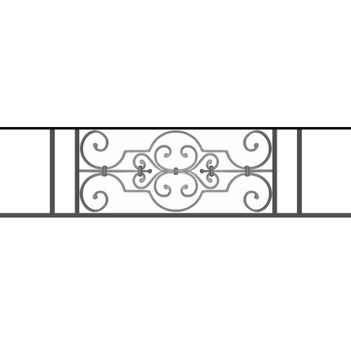 Appui de fenêtre type AF004 à sceller dans votre tableau de fenêtre. Longueur finie de 1220mm et Hauteur finie de 314mm. Convient pour les tableaux de fenêtre de 1120mm. 50mm de scellement sont prévue de chaque côté. Main courante laminée de 1120mm de long en fer forgé sur le dessus. Motif au centre de 670mm de long par 290mm de haut. Le reste de la structure est en tube acier carré de 16mm de section.