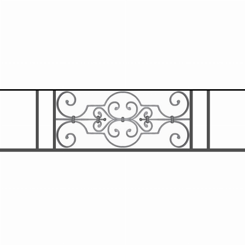Appui de fenêtre type AF004 à sceller dans votre tableau de fenêtre. Longueur finie de 1230mm et Hauteur finie de 314mm. Convient pour les tableaux de fenêtre de 1130mm. 50mm de scellement sont prévue de chaque côté. Main courante laminée de 1130mm de long en fer forgé sur le dessus. Motif au centre de 670mm de long par 290mm de haut. Le reste de la structure est en tube acier carré de 16mm de section.