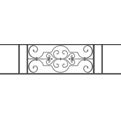 Appui de fenêtre type AF004 à sceller dans votre tableau de fenêtre. Longueur finie de 1250mm et Hauteur finie de 314mm. Convient pour les tableaux de fenêtre de 1150mm. 50mm de scellement sont prévue de chaque côté. Main courante laminée de 1150mm de long en fer forgé sur le dessus. Motif au centre de 670mm de long par 290mm de haut. Le reste de la structure est en tube acier carré de 16mm de section.