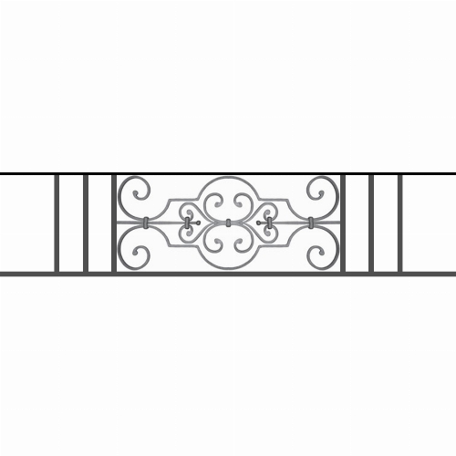 Appui de fenêtre type AF004 à sceller dans votre tableau de fenêtre. Longueur finie de 1370mm et Hauteur finie de 314mm. Convient pour les tableaux de fenêtre de 1270mm. 50mm de scellement sont prévue de chaque côté. Main courante laminée de 1270mm de long en fer forgé sur le dessus. Motif au centre de 670mm de long par 290mm de haut. Le reste de la structure est en tube acier carré de 16mm de section.