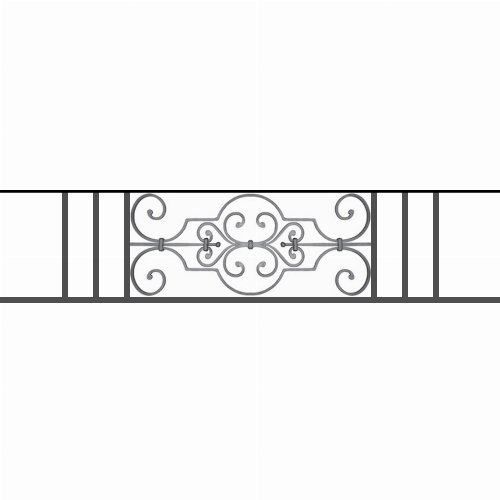 Appui de fenêtre type AF004 à sceller dans votre tableau de fenêtre. Longueur finie de 1390mm et Hauteur finie de 314mm. Convient pour les tableaux de fenêtre de 1290mm. 50mm de scellement sont prévue de chaque côté. Main courante laminée de 1290mm de long en fer forgé sur le dessus. Motif au centre de 670mm de long par 290mm de haut. Le reste de la structure est en tube acier carré de 16mm de section.