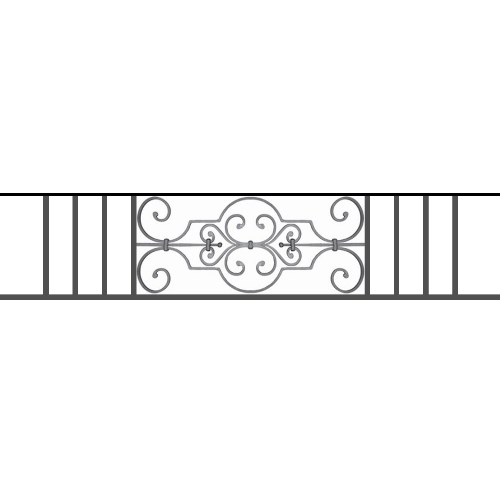 Appui de fenêtre type AF004 à sceller dans votre tableau de fenêtre. Longueur finie de 1470mm et Hauteur finie de 314mm. Convient pour les tableaux de fenêtre de 1370mm. 50mm de scellement sont prévue de chaque côté. Main courante laminée de 1370mm de long en fer forgé sur le dessus. Motif au centre de 670mm de long par 290mm de haut. Le reste de la structure est en tube acier carré de 16mm de section.