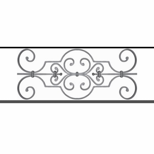Appui de fenêtre type AF004 à sceller dans votre tableau de fenêtre. Longueur finie de 860mm et Hauteur finie de 314mm. Convient pour les tableaux de fenêtre de 760mm. 50mm de scellement sont prévue de chaque côté. Main courante laminée de 760mm de long en fer forgé sur le dessus. Motif au centre de 670mm de long par 290mm de haut. Le reste de la structure est en tube acier carré de 16mm de section.