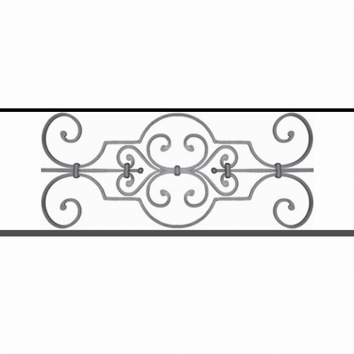 Appui de fenêtre type AF004 à sceller dans votre tableau de fenêtre. Longueur finie de 870mm et Hauteur finie de 314mm. Convient pour les tableaux de fenêtre de 770mm. 50mm de scellement sont prévue de chaque côté. Main courante laminée de 770mm de long en fer forgé sur le dessus. Motif au centre de 670mm de long par 290mm de haut. Le reste de la structure est en tube acier carré de 16mm de section.