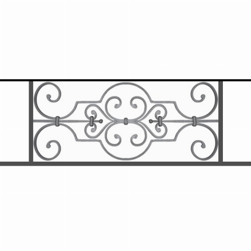 Appui de fenêtre type AF004 à sceller dans votre tableau de fenêtre. Longueur finie de 910mm et Hauteur finie de 314mm. Convient pour les tableaux de fenêtre de 810mm. 50mm de scellement sont prévue de chaque côté. Main courante laminée de 810mm de long en fer forgé sur le dessus. Motif au centre de 670mm de long par 290mm de haut. Le reste de la structure est en tube acier carré de 16mm de section.