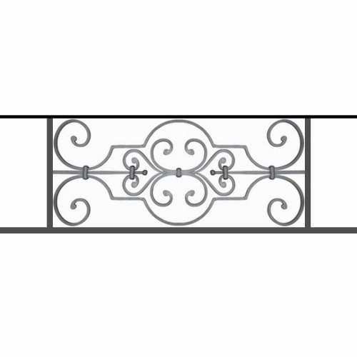 Appui de fenêtre type AF004 à sceller dans votre tableau de fenêtre. Longueur finie de 950mm et Hauteur finie de 314mm. Convient pour les tableaux de fenêtre de 850mm. 50mm de scellement sont prévue de chaque côté. Main courante laminée de 850mm de long en fer forgé sur le dessus. Motif au centre de 670mm de long par 290mm de haut. Le reste de la structure est en tube acier carré de 16mm de section.
