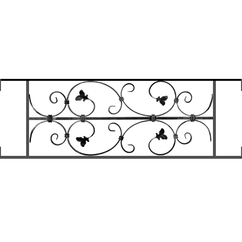 Appui de fenêtre type AF005 à visser dans votre tableau de fenêtre. Longueur finie de 1000mm et Hauteur finie de 310mm. Convient pour les tableaux de fenêtre de 1000mm. Main courante laminée de 1000mm de long en fer forgé sur le dessus. Motif au centre de 760mm de long par 290mm de haut. Le reste de la structure est en acier carré plein de 12mm de section.