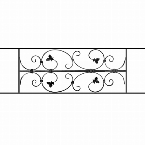 Appui de fenêtre type AF005 à sceller dans votre tableau de fenêtre. Longueur finie de 1040mm et Hauteur finie de 310mm. Convient pour les tableaux de fenêtre de 940mm. 50mm de scellement sont prévue de chaque côté. Main courante laminée de 940mm de long en fer forgé sur le dessus. Motif au centre de 760mm de long par 290mm de haut. Le reste de la structure est en acier carré plein de 12mm de section.