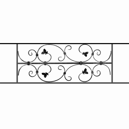 Appui de fenêtre type AF005 à sceller dans votre tableau de fenêtre. Longueur finie de 1050mm et Hauteur finie de 310mm. Convient pour les tableaux de fenêtre de 950mm. 50mm de scellement sont prévue de chaque côté. Main courante laminée de 950mm de long en fer forgé sur le dessus. Motif au centre de 760mm de long par 290mm de haut. Le reste de la structure est en acier carré plein de 12mm de section.