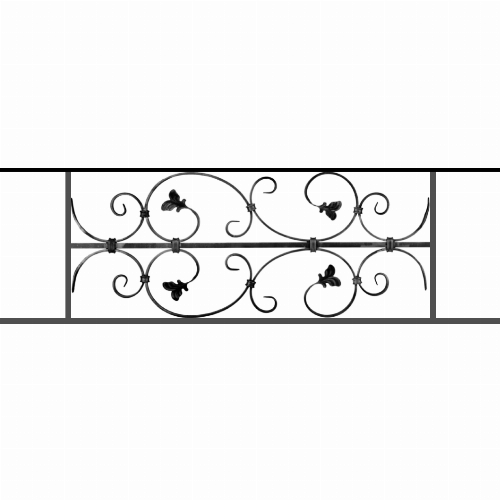 Appui de fenêtre type AF005 à sceller dans votre tableau de fenêtre. Longueur finie de 1060mm et Hauteur finie de 310mm. Convient pour les tableaux de fenêtre de 960mm. 50mm de scellement sont prévue de chaque côté. Main courante laminée de 960mm de long en fer forgé sur le dessus. Motif au centre de 760mm de long par 290mm de haut. Le reste de la structure est en acier carré plein de 12mm de section.