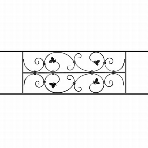 Appui de fenêtre type AF005 à sceller dans votre tableau de fenêtre. Longueur finie de 1110mm et Hauteur finie de 310mm. Convient pour les tableaux de fenêtre de 1010mm. 50mm de scellement sont prévue de chaque côté. Main courante laminée de 1010mm de long en fer forgé sur le dessus. Motif au centre de 760mm de long par 290mm de haut. Le reste de la structure est en acier carré plein de 12mm de section.