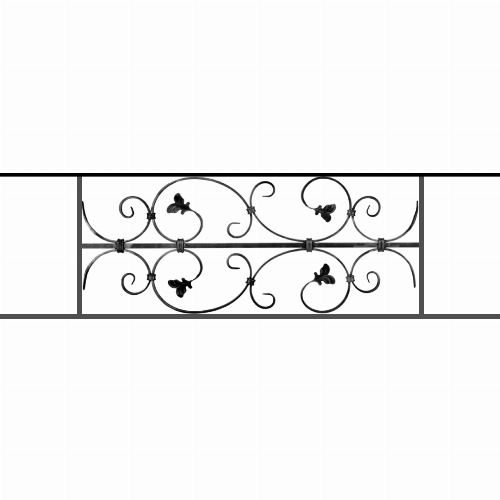 Appui de fenêtre type AF005 à sceller dans votre tableau de fenêtre. Longueur finie de 1130mm et Hauteur finie de 310mm. Convient pour les tableaux de fenêtre de 1030mm. 50mm de scellement sont prévue de chaque côté. Main courante laminée de 1030mm de long en fer forgé sur le dessus. Motif au centre de 760mm de long par 290mm de haut. Le reste de la structure est en acier carré plein de 12mm de section.