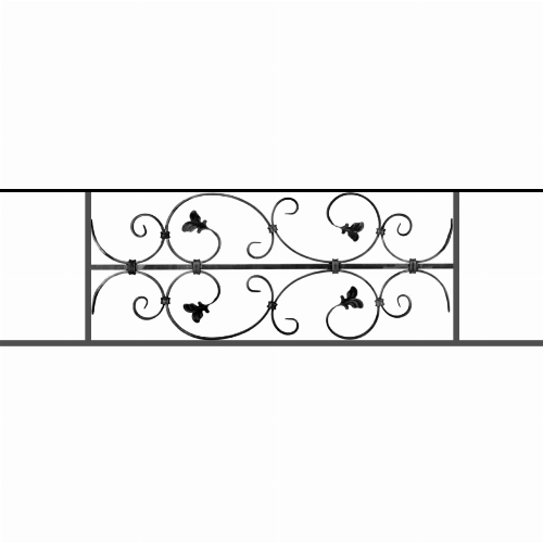Appui de fenêtre type AF005 à sceller dans votre tableau de fenêtre. Longueur finie de 1140mm et Hauteur finie de 310mm. Convient pour les tableaux de fenêtre de 1040mm. 50mm de scellement sont prévue de chaque côté. Main courante laminée de 1040mm de long en fer forgé sur le dessus. Motif au centre de 760mm de long par 290mm de haut. Le reste de la structure est en acier carré plein de 12mm de section.