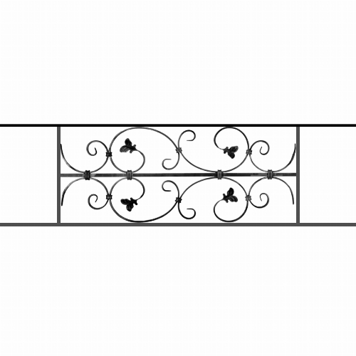 Appui de fenêtre type AF005 à sceller dans votre tableau de fenêtre. Longueur finie de 1150mm et Hauteur finie de 310mm. Convient pour les tableaux de fenêtre de 1050mm. 50mm de scellement sont prévue de chaque côté. Main courante laminée de 1050mm de long en fer forgé sur le dessus. Motif au centre de 760mm de long par 290mm de haut. Le reste de la structure est en acier carré plein de 12mm de section.