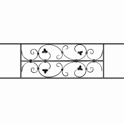 Appui de fenêtre type AF005 à sceller dans votre tableau de fenêtre. Longueur finie de 1160mm et Hauteur finie de 310mm. Convient pour les tableaux de fenêtre de 1060mm. 50mm de scellement sont prévue de chaque côté. Main courante laminée de 1060mm de long en fer forgé sur le dessus. Motif au centre de 760mm de long par 290mm de haut. Le reste de la structure est en acier carré plein de 12mm de section.