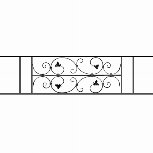 Appui de fenêtre type AF005 à sceller dans votre tableau de fenêtre. Longueur finie de 1320mm et Hauteur finie de 310mm. Convient pour les tableaux de fenêtre de 1220mm. 50mm de scellement sont prévue de chaque côté. Main courante laminée de 1220mm de long en fer forgé sur le dessus. Motif au centre de 760mm de long par 290mm de haut. Le reste de la structure est en acier carré plein de 12mm de section.