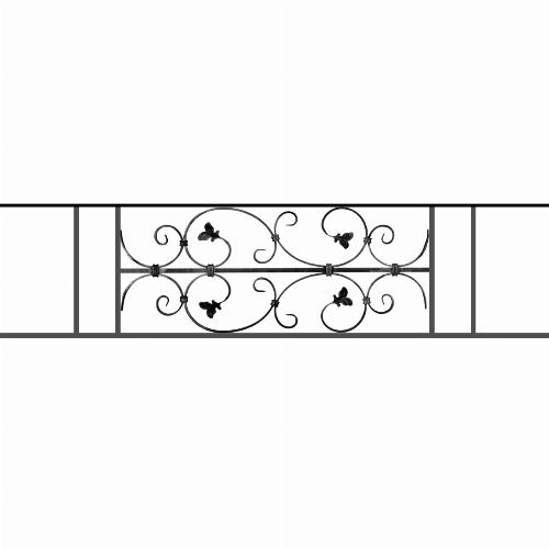 Appui de fenêtre type AF005 à sceller dans votre tableau de fenêtre. Longueur finie de 1350mm et Hauteur finie de 310mm. Convient pour les tableaux de fenêtre de 1250mm. 50mm de scellement sont prévue de chaque côté. Main courante laminée de 1250mm de long en fer forgé sur le dessus. Motif au centre de 760mm de long par 290mm de haut. Le reste de la structure est en acier carré plein de 12mm de section.