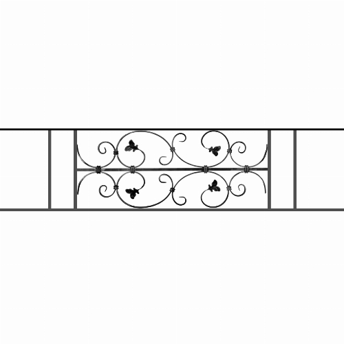 Appui de fenêtre type AF005 à sceller dans votre tableau de fenêtre. Longueur finie de 1370mm et Hauteur finie de 310mm. Convient pour les tableaux de fenêtre de 1270mm. 50mm de scellement sont prévue de chaque côté. Main courante laminée de 1270mm de long en fer forgé sur le dessus. Motif au centre de 760mm de long par 290mm de haut. Le reste de la structure est en acier carré plein de 12mm de section.