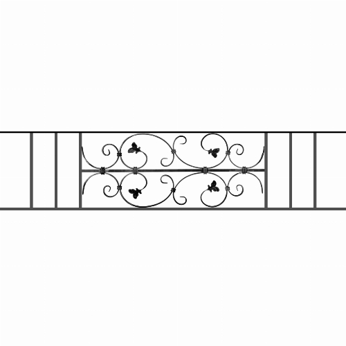 Appui de fenêtre type AF005 à sceller dans votre tableau de fenêtre. Longueur finie de 1440mm et Hauteur finie de 310mm. Convient pour les tableaux de fenêtre de 1340mm. 50mm de scellement sont prévue de chaque côté. Main courante laminée de 1340mm de long en fer forgé sur le dessus. Motif au centre de 760mm de long par 290mm de haut. Le reste de la structure est en acier carré plein de 12mm de section.