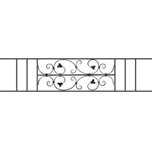 Appui de fenêtre type AF005 à sceller dans votre tableau de fenêtre. Longueur finie de 1510mm et Hauteur finie de 310mm. Convient pour les tableaux de fenêtre de 1410mm. 50mm de scellement sont prévue de chaque côté. Main courante laminée de 1410mm de long en fer forgé sur le dessus. Motif au centre de 760mm de long par 290mm de haut. Le reste de la structure est en acier carré plein de 12mm de section.