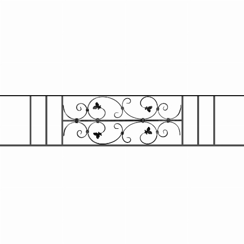Appui de fenêtre type AF005 à sceller dans votre tableau de fenêtre. Longueur finie de 1570mm et Hauteur finie de 310mm. Convient pour les tableaux de fenêtre de 1470mm. 50mm de scellement sont prévue de chaque côté. Main courante laminée de 1470mm de long en fer forgé sur le dessus. Motif au centre de 760mm de long par 290mm de haut. Le reste de la structure est en acier carré plein de 12mm de section.