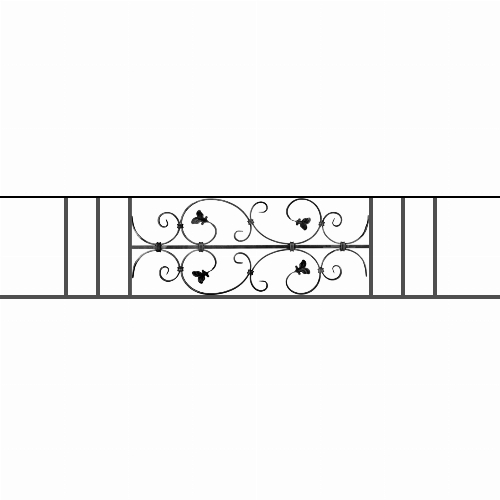 Appui de fenêtre type AF005 à sceller dans votre tableau de fenêtre. Longueur finie de 1600mm et Hauteur finie de 310mm. Convient pour les tableaux de fenêtre de 1500mm. 50mm de scellement sont prévue de chaque côté. Main courante laminée de 1500mm de long en fer forgé sur le dessus. Motif au centre de 760mm de long par 290mm de haut. Le reste de la structure est en acier carré plein de 12mm de section.