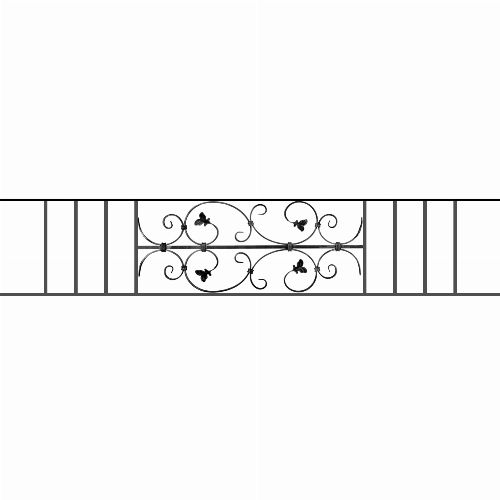 Appui de fenêtre type AF005 à sceller dans votre tableau de fenêtre. Longueur finie de 1690mm et Hauteur finie de 310mm. Convient pour les tableaux de fenêtre de 1590mm. 50mm de scellement sont prévue de chaque côté. Main courante laminée de 1590mm de long en fer forgé sur le dessus. Motif au centre de 760mm de long par 290mm de haut. Le reste de la structure est en acier carré plein de 12mm de section.