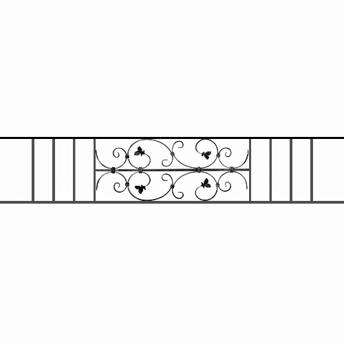 Appui de fenêtre type AF005 à sceller dans votre tableau de fenêtre. Longueur finie de 1710mm et Hauteur finie de 310mm. Convient pour les tableaux de fenêtre de 1610mm. 50mm de scellement sont prévue de chaque côté. Main courante laminée de 1610mm de long en fer forgé sur le dessus. Motif au centre de 760mm de long par 290mm de haut. Le reste de la structure est en acier carré plein de 12mm de section.