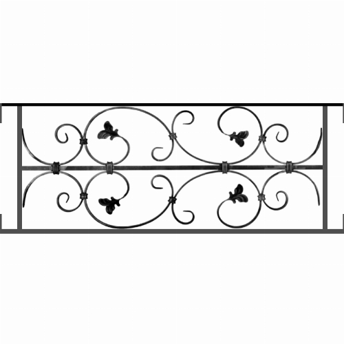 Appui de fenêtre type AF005 à visser dans votre tableau de fenêtre. Longueur finie de 870mm et Hauteur finie de 310mm. Convient pour les tableaux de fenêtre de 870mm. Main courante laminée de 870mm de long en fer forgé sur le dessus. Motif au centre de 760mm de long par 290mm de haut. Le reste de la structure est en acier carré plein de 12mm de section.