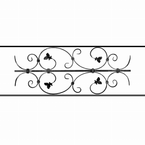 Appui de fenêtre type AF005 à sceller dans votre tableau de fenêtre. Longueur finie de 950mm et Hauteur finie de 310mm. Convient pour les tableaux de fenêtre de 850mm. 50mm de scellement sont prévue de chaque côté. Main courante laminée de 850mm de long en fer forgé sur le dessus. Motif au centre de 760mm de long par 290mm de haut. Le reste de la structure est en acier carré plein de 12mm de section.