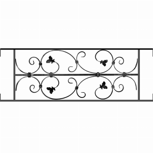 Appui de fenêtre type AF005 à visser dans votre tableau de fenêtre. Longueur finie de 950mm et Hauteur finie de 310mm. Convient pour les tableaux de fenêtre de 950mm. Main courante laminée de 950mm de long en fer forgé sur le dessus. Motif au centre de 760mm de long par 290mm de haut. Le reste de la structure est en acier carré plein de 12mm de section.