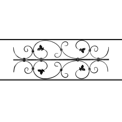 Appui de fenêtre type AF005 à sceller dans votre tableau de fenêtre. Longueur finie de 970mm et Hauteur finie de 310mm. Convient pour les tableaux de fenêtre de 870mm. 50mm de scellement sont prévue de chaque côté. Main courante laminée de 870mm de long en fer forgé sur le dessus. Motif au centre de 760mm de long par 290mm de haut. Le reste de la structure est en acier carré plein de 12mm de section.
