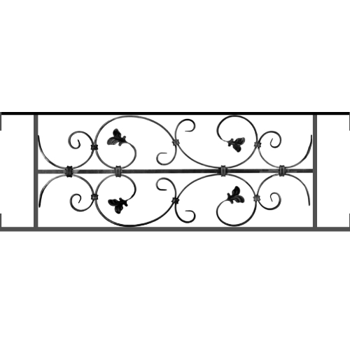 Appui de fenêtre type AF005 à visser dans votre tableau de fenêtre. Longueur finie de 970mm et Hauteur finie de 310mm. Convient pour les tableaux de fenêtre de 970mm. Main courante laminée de 970mm de long en fer forgé sur le dessus. Motif au centre de 760mm de long par 290mm de haut. Le reste de la structure est en acier carré plein de 12mm de section.