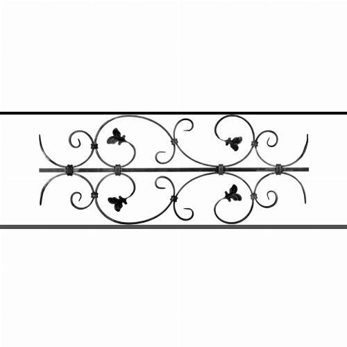 Appui de fenêtre type AF005 à sceller dans votre tableau de fenêtre. Longueur finie de 980mm et Hauteur finie de 310mm. Convient pour les tableaux de fenêtre de 880mm. 50mm de scellement sont prévue de chaque côté. Main courante laminée de 880mm de long en fer forgé sur le dessus. Motif au centre de 760mm de long par 290mm de haut. Le reste de la structure est en acier carré plein de 12mm de section.