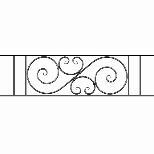 Appui de fenêtre type AF007 à sceller dans votre tableau de fenêtre. Longueur finie de 1370mm et Hauteur finie de 367mm. Convient pour les tableaux de fenêtre de 1270mm. 50mm de scellement sont prévue de chaque côté. Main courante laminée de 1270mm de long en fer forgé sur le dessus. Motif au centre de 900mm de long par 345mm de haut. Le reste de la structure est en acier carré plein de 14mm de section.