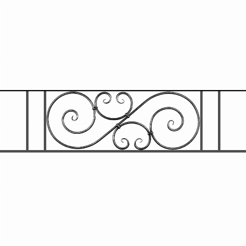 Appui de fenêtre type AF007 à sceller dans votre tableau de fenêtre. Longueur finie de 1440mm et Hauteur finie de 367mm. Convient pour les tableaux de fenêtre de 1340mm. 50mm de scellement sont prévue de chaque côté. Main courante laminée de 1340mm de long en fer forgé sur le dessus. Motif au centre de 900mm de long par 345mm de haut. Le reste de la structure est en acier carré plein de 14mm de section.