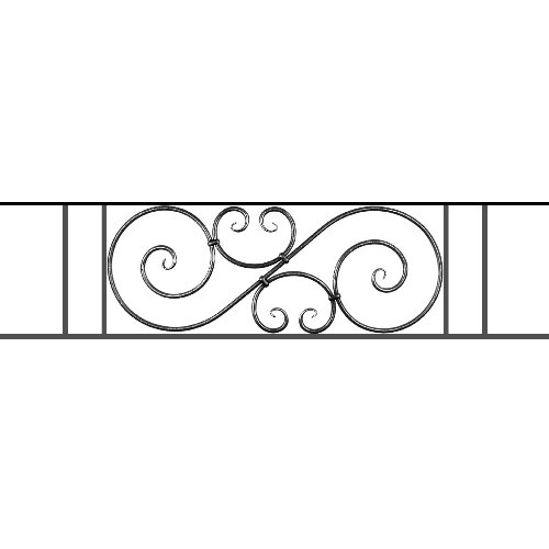 Appui de fenêtre type AF007 à sceller dans votre tableau de fenêtre. Longueur finie de 1470mm et Hauteur finie de 367mm. Convient pour les tableaux de fenêtre de 1370mm. 50mm de scellement sont prévue de chaque côté. Main courante laminée de 1370mm de long en fer forgé sur le dessus. Motif au centre de 900mm de long par 345mm de haut. Le reste de la structure est en acier carré plein de 14mm de section.