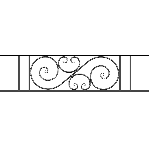 Appui de fenêtre type AF007 à sceller dans votre tableau de fenêtre. Longueur finie de 1500mm et Hauteur finie de 367mm. Convient pour les tableaux de fenêtre de 1400mm. 50mm de scellement sont prévue de chaque côté. Main courante laminée de 1400mm de long en fer forgé sur le dessus. Motif au centre de 900mm de long par 345mm de haut. Le reste de la structure est en acier carré plein de 14mm de section.