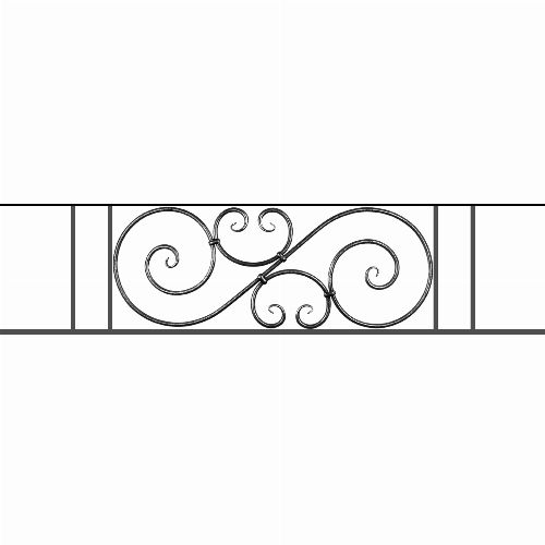 Appui de fenêtre type AF007 à sceller dans votre tableau de fenêtre. Longueur finie de 1530mm et Hauteur finie de 367mm. Convient pour les tableaux de fenêtre de 1430mm. 50mm de scellement sont prévue de chaque côté. Main courante laminée de 1430mm de long en fer forgé sur le dessus. Motif au centre de 900mm de long par 345mm de haut. Le reste de la structure est en acier carré plein de 14mm de section.